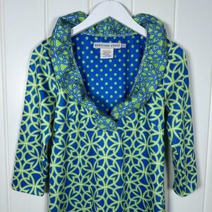 Gretchen Scott Dress Small Blue Green Ruffle Neck Jersey Geometric Stretch